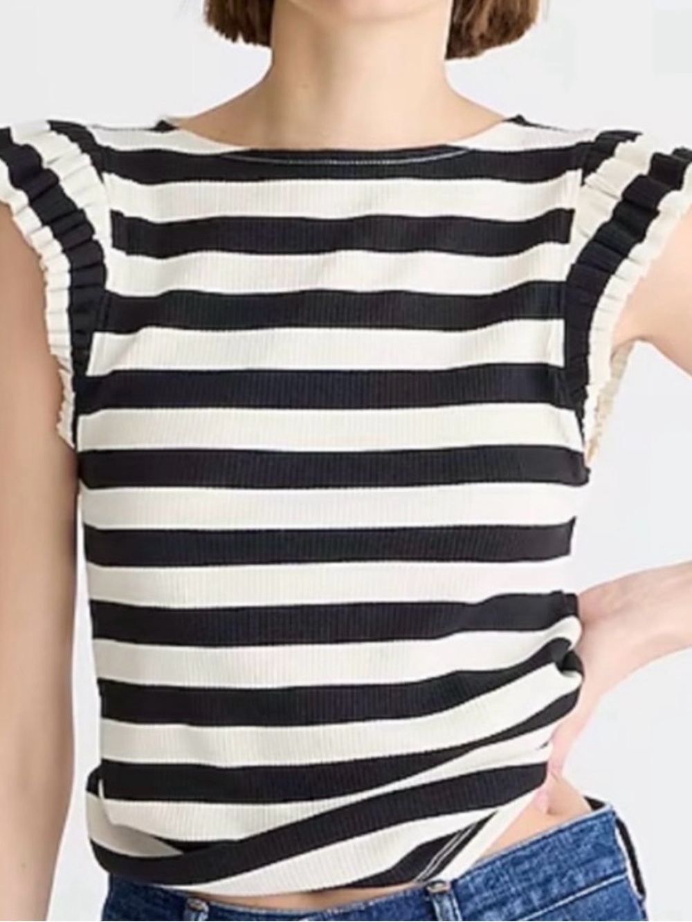 J Crew Vintage Rib Ruffle Boatneck Top in Stripe ~ Size Small NWT